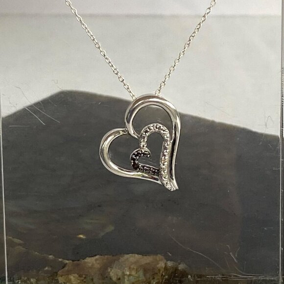 Sterling Silver 925 Diamond Open Heart Asymmetric Pendant Necklace 18" Chain - Picture 6 of 16